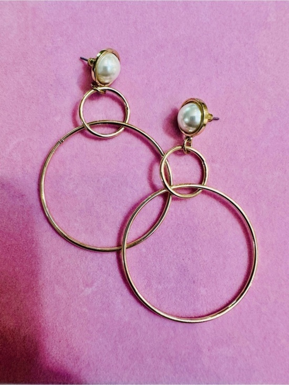Gold Tone Pearl Drop Hoop Earrings